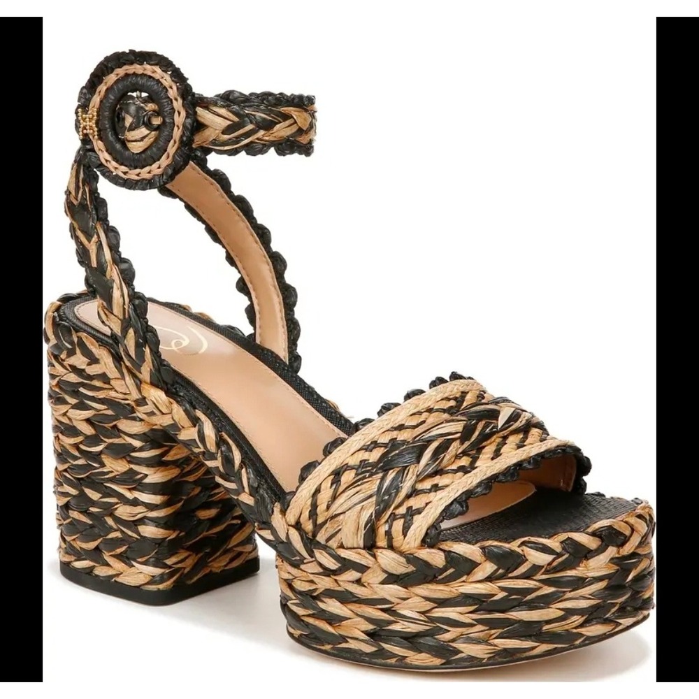 Sam Edelman Chunky Raffia Sandals 8 Black Iliana Block Heel Boho Platform #612